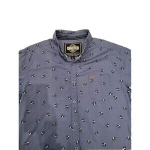 Descendent Mens Large Shirt Button Down Short Sleeve Bird Print Blue Preppy